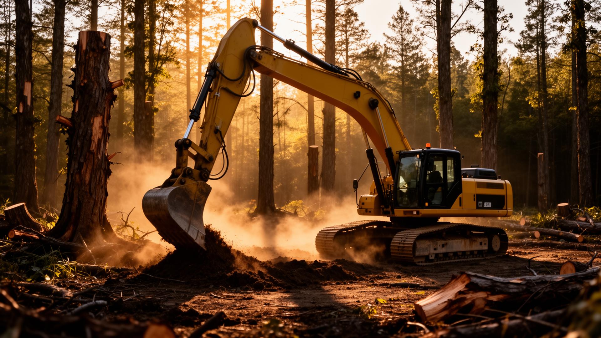 Excavator clearing a forested job site at golden hour